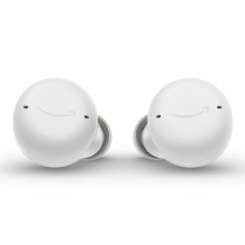 White wireless earbuds with logo