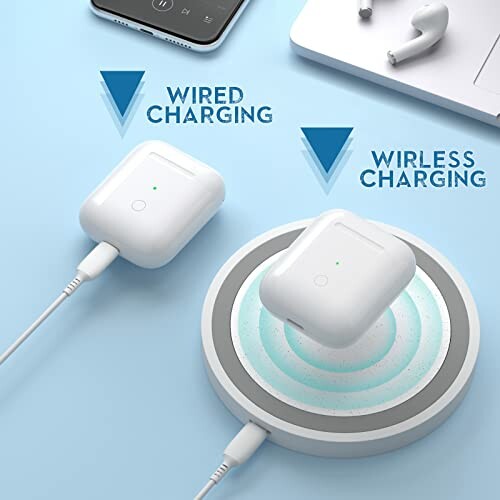 Wireless and wired charging options for earbuds.