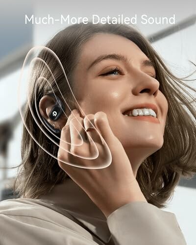 Woman smiling and wearing wireless earbuds with sound waves illustration